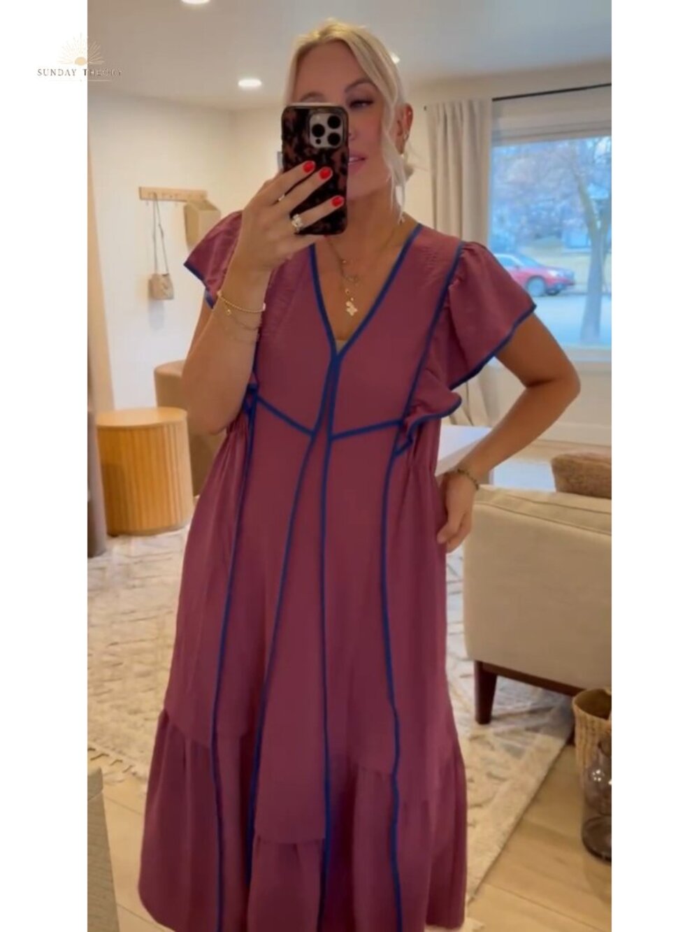 Wenrine 100% Polyester V Neck Midi Dress Ruffle Sleeve Loose Fit Flowy Casual - Picture 6 of 6